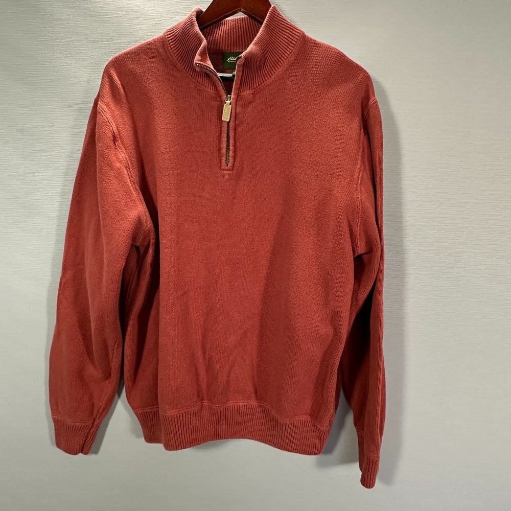 Eddie Bauer Sweater Mens Large 1/4 Zip Orange Cotton Long Sleeve Ribbed Cuffs